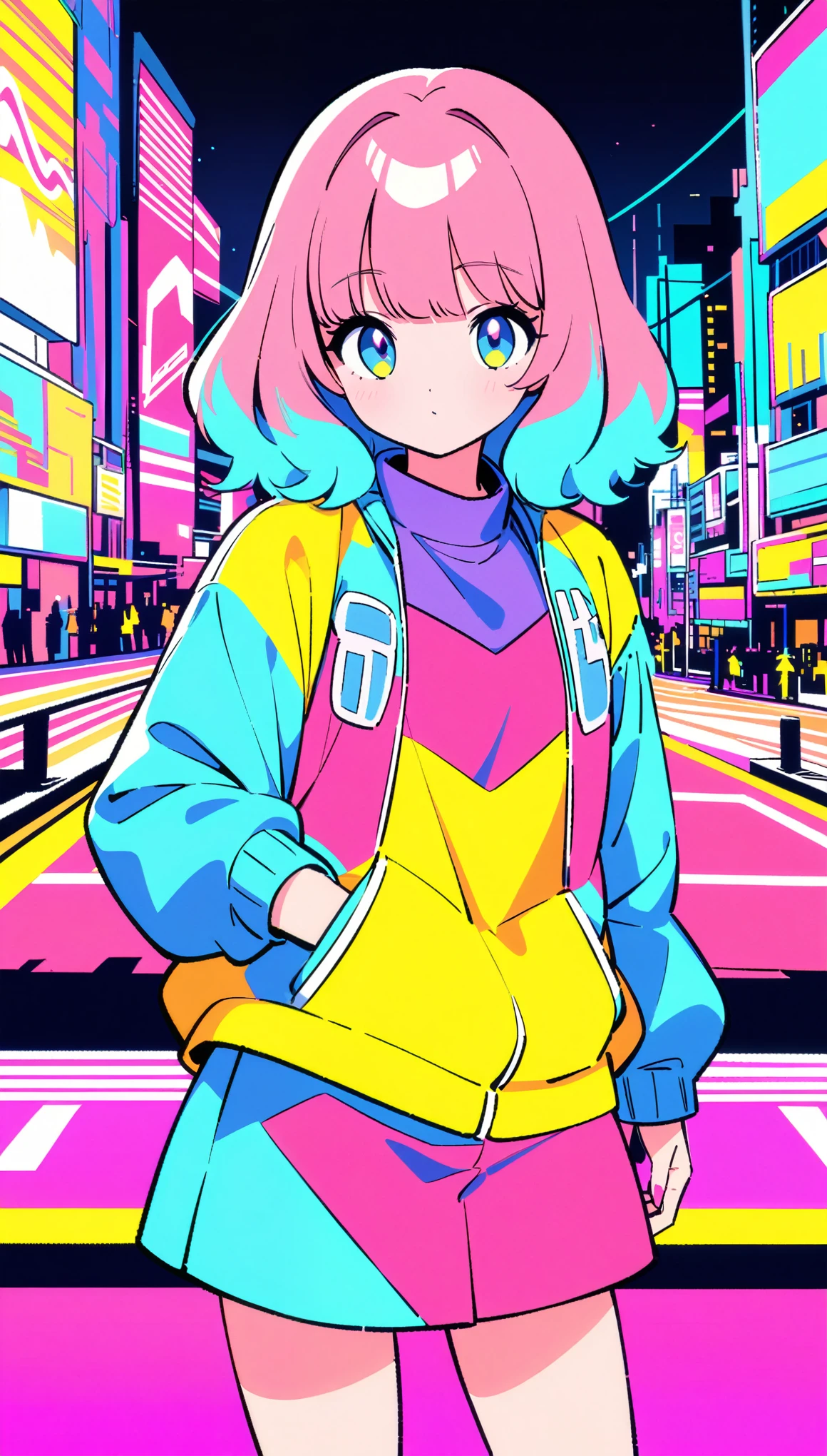 masterpiece, Highest quality, Beautiful attention to detail, Very detailed, In detail, High resolution, Perfect Anatomy, colorful, pastel colour, One Girl, alone, (City pop illustrations), (City Pop Art), Simple Background, Retro Style, (Vaporwave City Pop), (1980s City Pop), (City Pop Anime), (river, bridge), Retro Style, 1980s Fashion, Cowboy Shot,