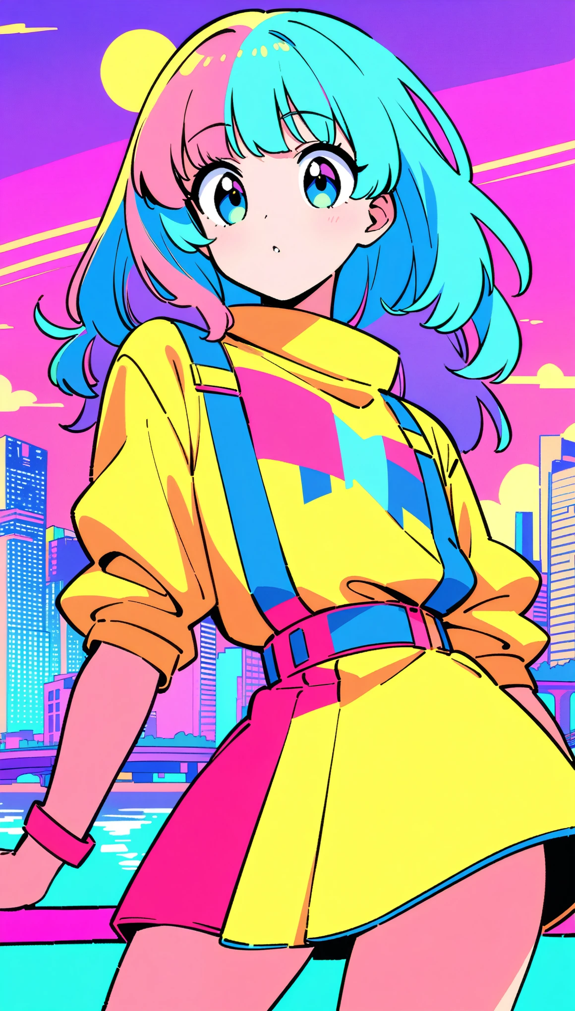 masterpiece, Highest quality, Beautiful attention to detail, Very detailed, In detail, High resolution, Perfect Anatomy, colorful, pastel colour, One Girl, alone, (City pop illustrations), (City Pop Art), Simple Background, Retro Style, (Vaporwave City Pop), (1980s City Pop), (City Pop Anime), (river, bridge), Retro Style, 1980s Fashion, Cowboy Shot,