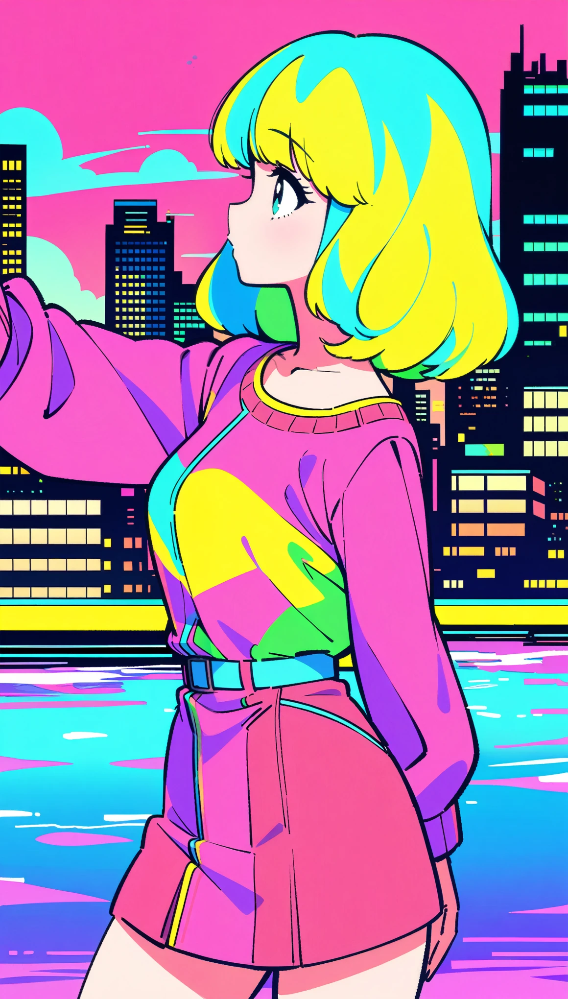 masterpiece, Highest quality, Beautiful attention to detail, Very detailed, In detail, High resolution, Perfect Anatomy, colorful, pastel colour, One Girl, alone, (City pop illustrations), (City Pop Art), Simple Background, Retro Style, (Vaporwave City Pop), (1980s City Pop), (City Pop Anime), (river, bridge), Retro Style, 1980s Fashion, Cowboy Shot,