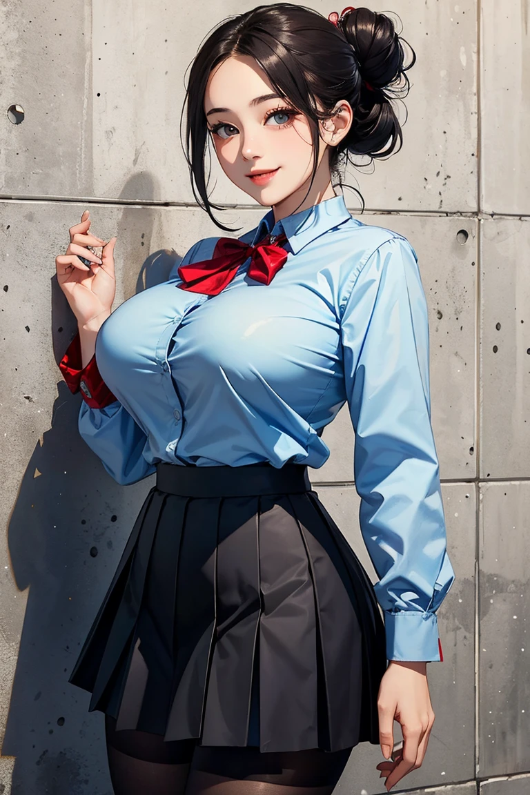(masterpiece:1.4)、(Highest quality:1.4)、Ultra-high resolution、Beautiful Features、20-year-old woman、Black hair bun、Grey long sleeve collared shirt showing nipples、Checkered Pleated Skirt、black tights、(Huge breasts:1.2)、Red face、smile、Stand against a wall