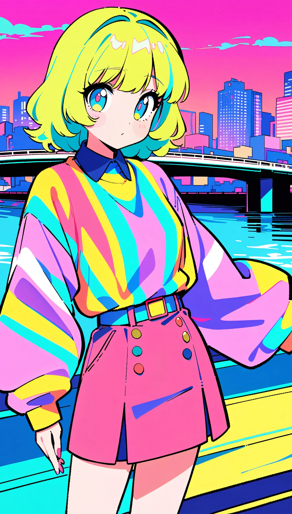 masterpiece, Highest quality, Beautiful attention to detail, Very detailed, In detail, High resolution, Perfect Anatomy, colorful, pastel colour, One Girl, alone, (City pop illustrations), (City Pop Art), Simple Background, Retro Style, (Vaporwave City Pop), (1980s City Pop), (City Pop Anime), (river, bridge), Retro Style, 1980s Fashion, Cowboy Shot,