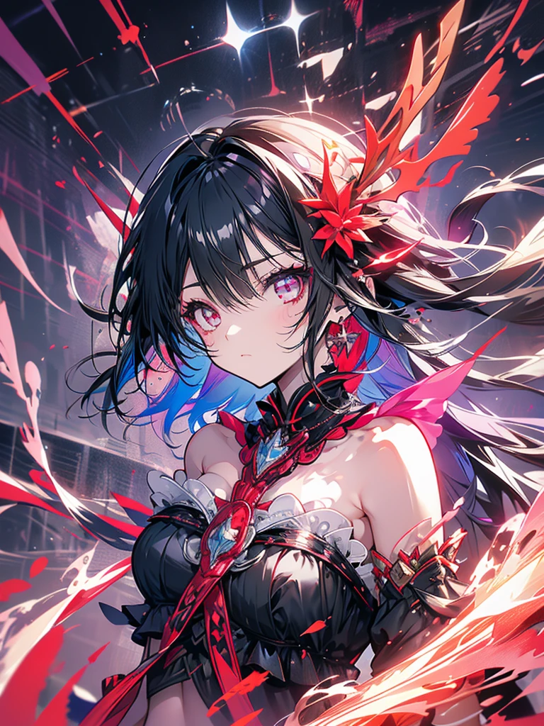 Black hair Fallen angel Red eyes Bow Girl Cute Sky Purple aura Wings Whole body