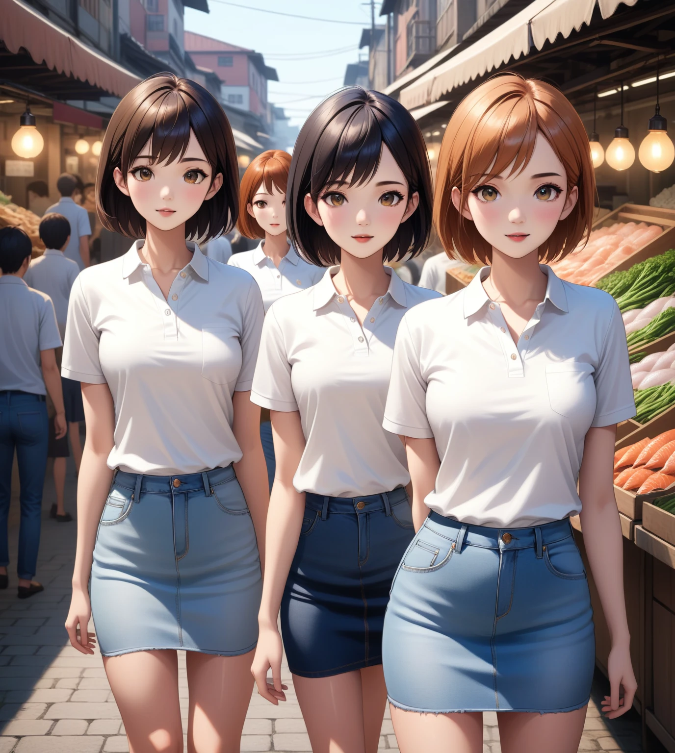 a realistic anime portrait of group of 4 office women, they're wandering at fish market, day light scenery, front view, looking at viewer, (all girl wearing white polo shirt, one girl wears denim pencil mini skirt, other girls wear denim trousers), (2 girls : long hair, 2 another girls: pixie cut hair), full body detailed portrait, extremely detailed facial features, high quality, masterpiece, best quality, beautiful glowing skin, delicate facial features, elegant hairstyles, detailed clothing, realistic lighting and shadows, warm color palette, soft ambient lighting