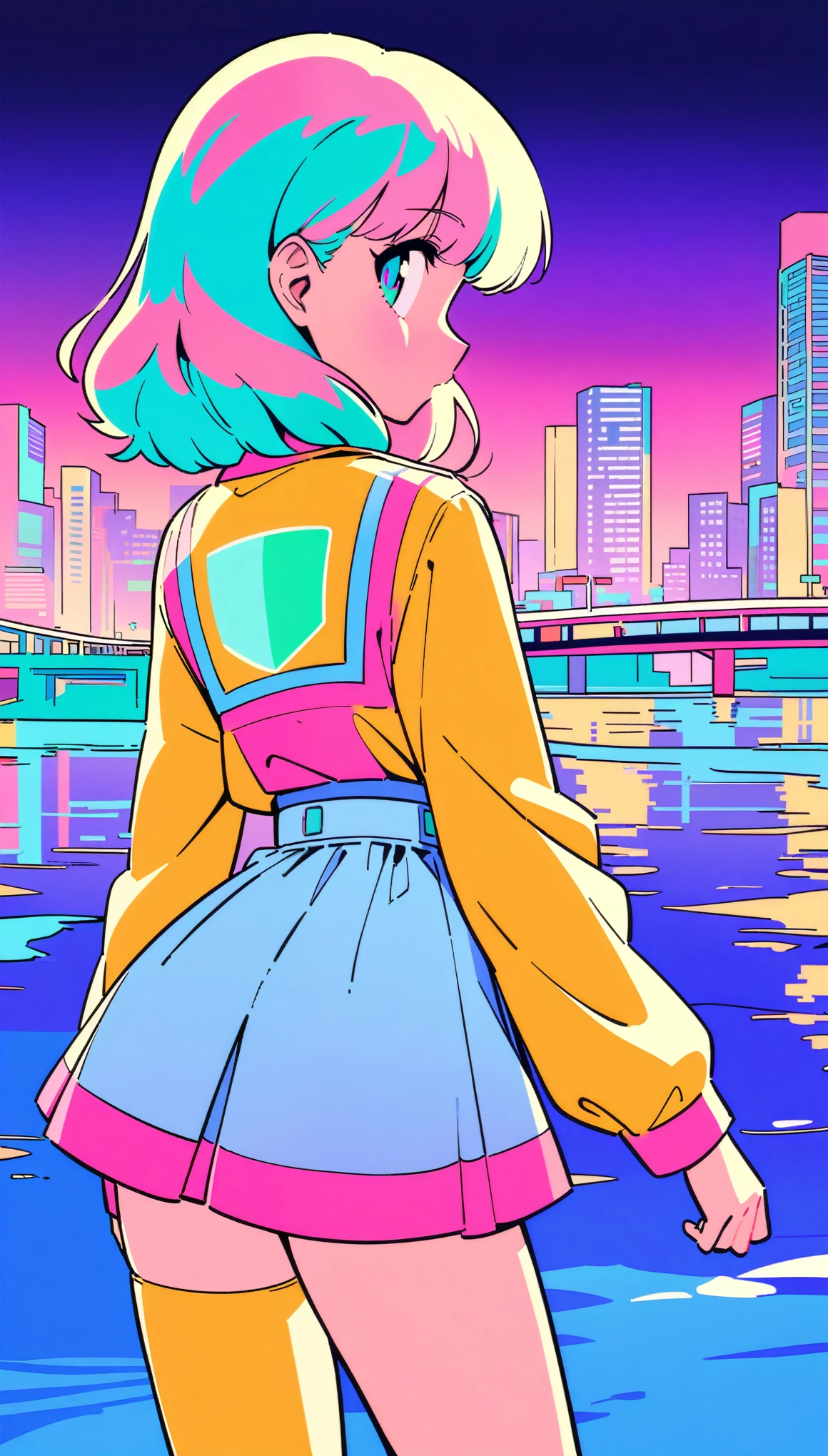 masterpiece, Highest quality, Beautiful attention to detail, Very detailed, In detail, High resolution, Perfect Anatomy, colorful, pastel colour, One Girl, alone, (City pop illustrations), (City Pop Art), Simple Background, Retro Style, (Vaporwave City Pop), (1980s City Pop), (City Pop Anime), (river, bridge), Retro Style, 1980s Fashion, Cowboy Shot,