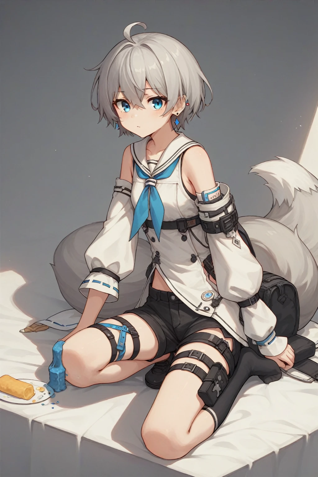 sauce_anime, score_9, score_8_superior, One girl,  fubukibase, White blouse, Removable sleeves, Black shorts, Blue neckerchief, Thigh straps, Single knee socks, Gray Hair, One-sided knitting, Ahoge, Earrings, Fox&#39;s Tail, Pentagram, Outstretched arms, Looking at the audience, Urban Background, Smiling Girl　(((erotic))) Spread your legs(Pussy)show　White juice all over the body　((Completely naked)) ((Ahegao))　cute　blush　(((Face during sex))) Swimwear　(((Shaved pussy I want to fuck right now)))　Lure　((Very shy))　Animal ears