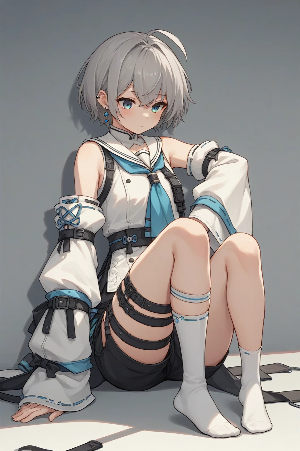 sauce_anime, score_9, score_8_superior, One girl, fubukibase, White blouse, Removable sleeves, Black shorts, Blue neckerchief, Thigh straps, Single knee socks, Gray Hair, One-sided knitting, Ahoge, Earrings, Fox's Tail, Pentagram, Outstretched arms, Looking at the audience, Urban Background, Smiling Girl (((erotic))) Spread your legs(Pussy)show White juice all over the body ((Completely naked)) ((Ahegao)) cute blush (((Face during sex))) Swimwear (((Shaved pussy I want to fuck right now))) Lure ((Very shy)) Animal ears