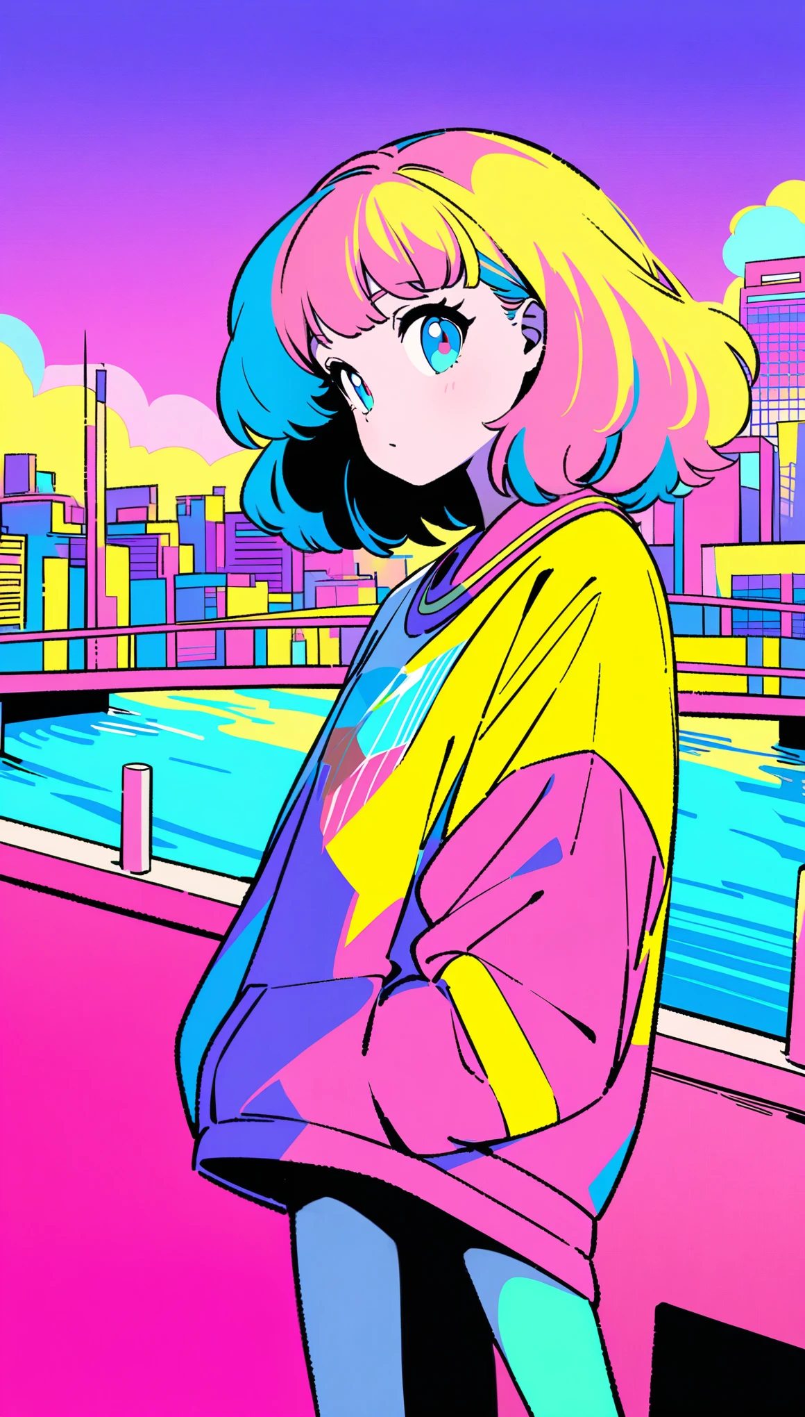 masterpiece, Highest quality, Beautiful attention to detail, Very detailed, In detail, High resolution, Perfect Anatomy, colorful, pastel colour, One Girl, alone, (City pop illustrations), (City Pop Art), Simple Background, Retro Style, (Vaporwave City Pop), (1980s City Pop), (City Pop Anime), (river, bridge), Retro Style, 1980s Fashion, Cowboy Shot,