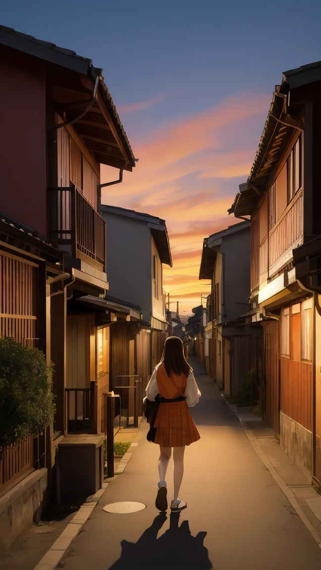 A startled high school girl in uniform encountering a one-eyed yokai (Hitotsume-kozou) at dusk. The girl is walking home from school on a quiet street. The Hitotsume-kozou suddenly appears, surprising the girl. The yokai is a  boy with a shaved head and one large eye in the center of his forehead. The background shows a typical Japanese street with traditional houses and a orange-red sky indicating sunset. The scene should be slightly eerie but not overly frightening, in an anime art style.