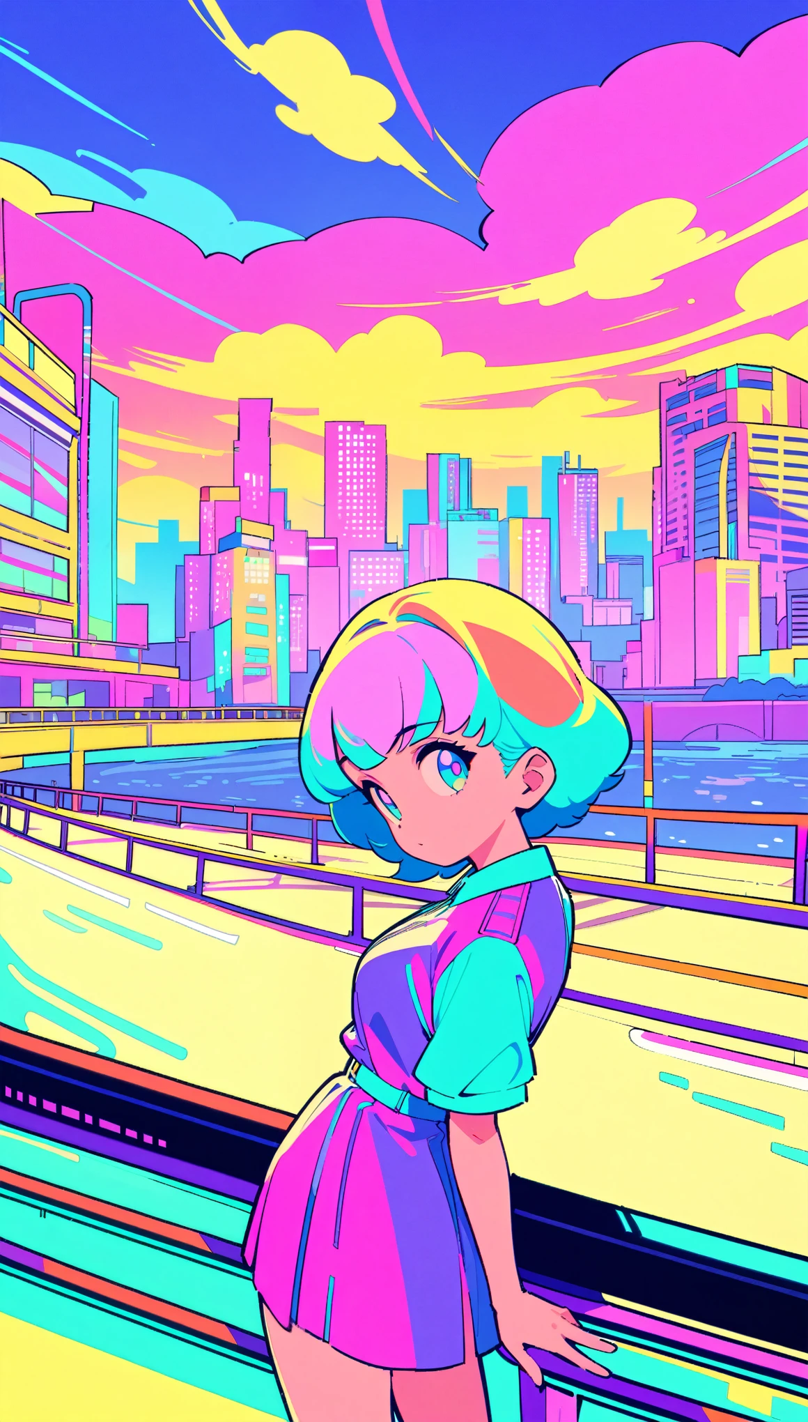 masterpiece, Highest quality, Beautiful attention to detail, Very detailed, In detail, High resolution, Perfect Anatomy, colorful, pastel colour, One Girl, alone, (City pop illustrations), (City Pop Art), Simple Background, Retro Style, (Vaporwave City Pop), (1980s City Pop), (City Pop Anime), (river, bridge), Retro Style, 1980s Fashion, Cowboy Shot,
