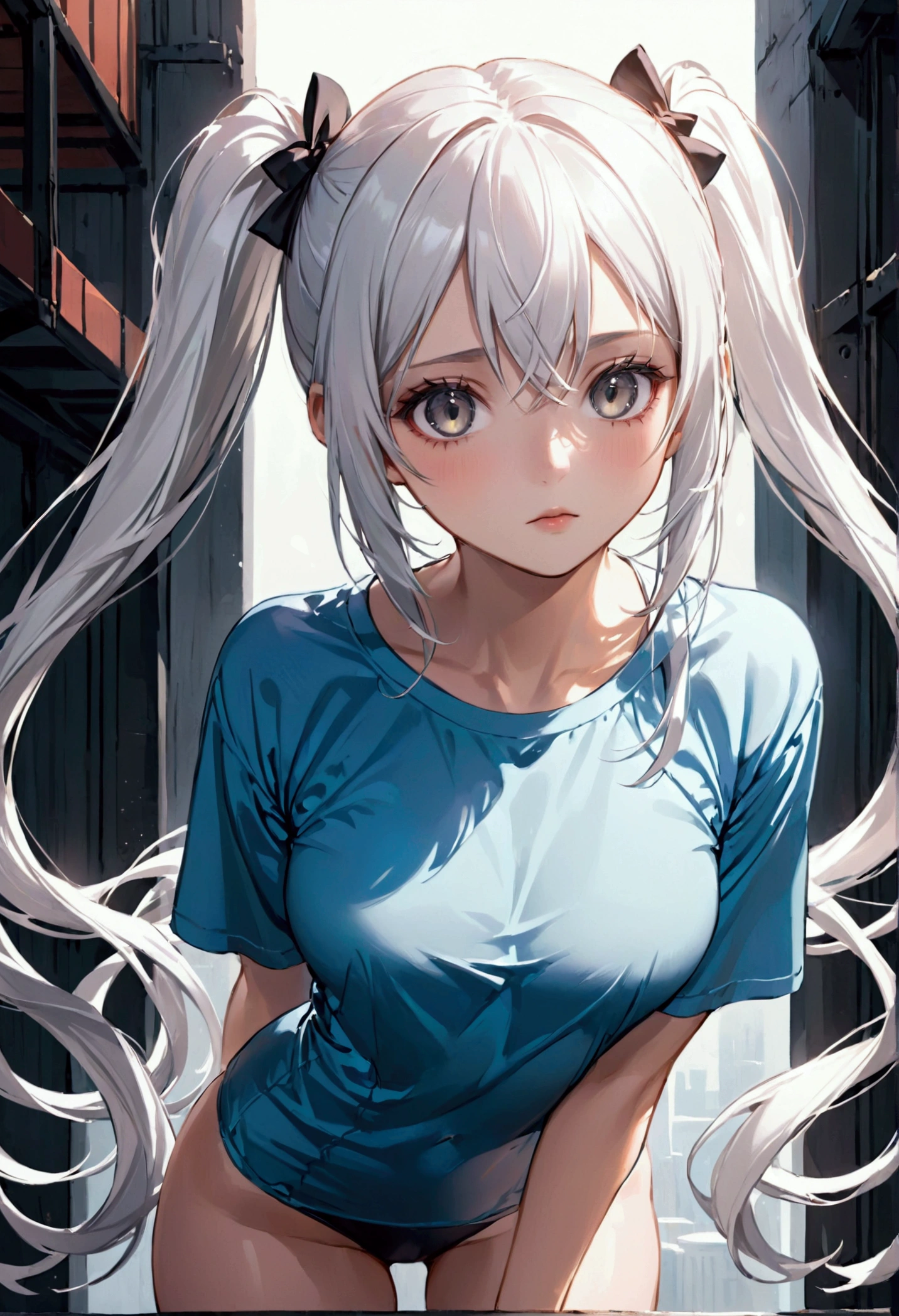 expressive eyes, perfect face, perfect body,detailed body, Long white hair,grey eyes, twintail
