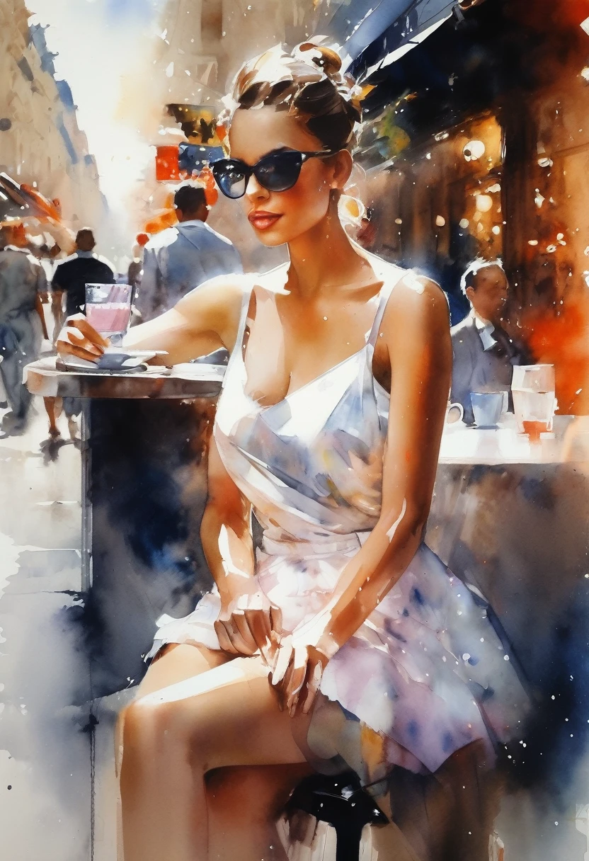 a stunningly beautiful young woman sitting in a Parisian street café, portrait by Willem Haenraets, watercolor, wet on wet and splattering techniques, centered, perfect composition, abstraction, surrealism, cleavage, sexy, thigh, short skirt