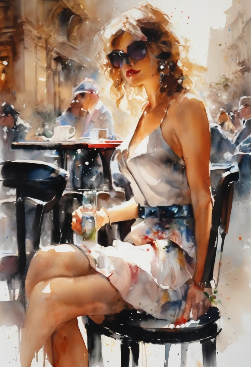 a stunningly beautiful young woman sitting in a Parisian street café, portrait by Willem Haenraets, watercolor, wet on wet and splattering techniques, centered, perfect composition, abstraction, surrealism, cleavage, sexy, thigh, short skirt