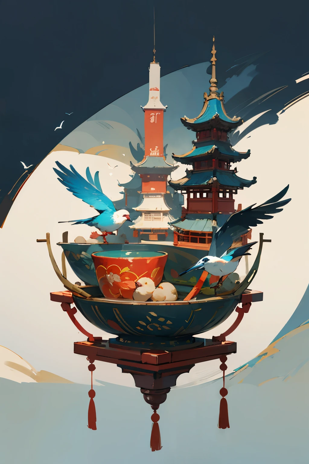 Chinese cultural theme park scene creative design concept hand-painted style bird&#39;s-eye view intangible cultural elements roller coaster Ferris wheel overlooking the big scene