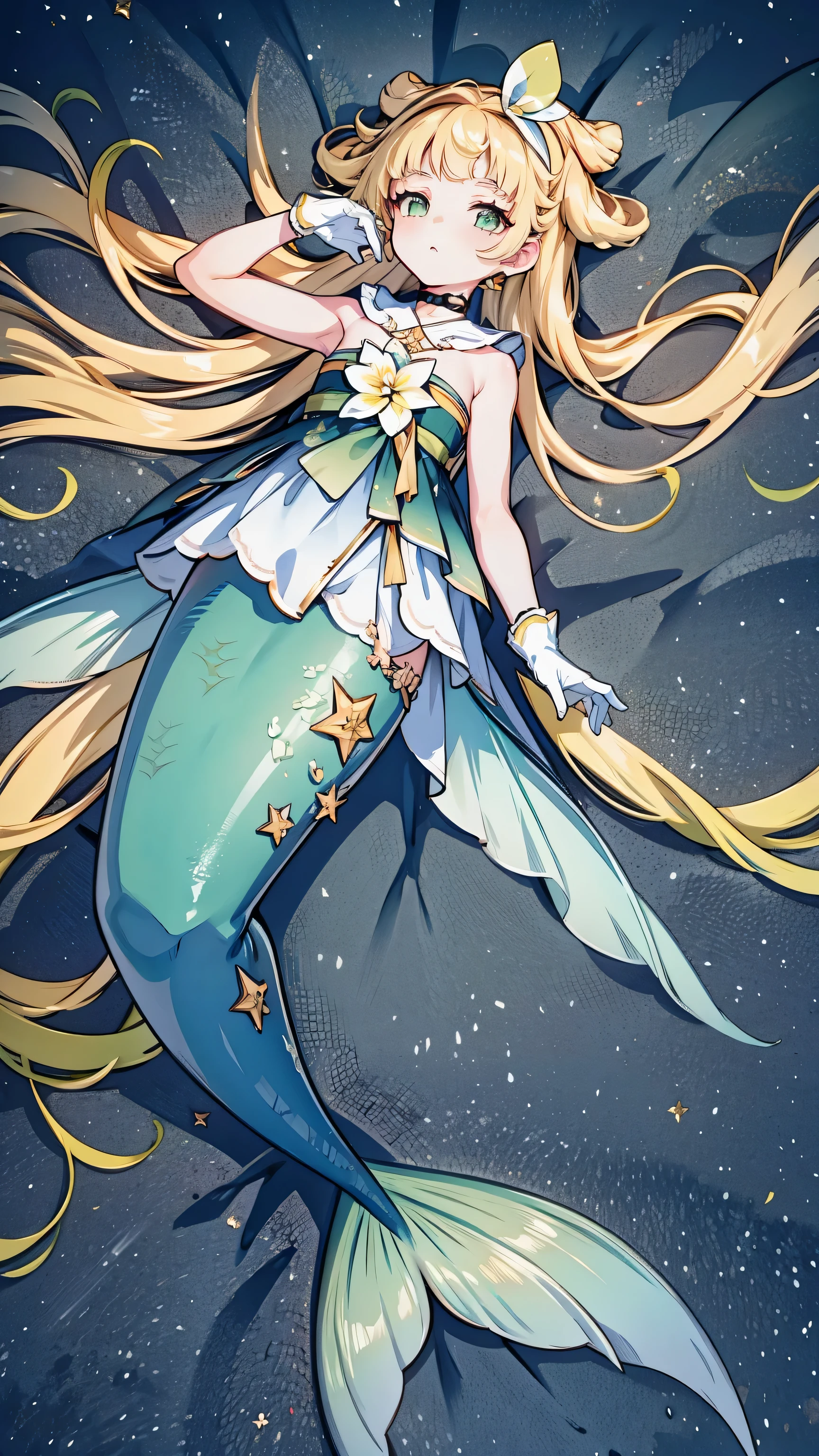 masterpiece, best quality,A girl,verinadef, blonde hair, hair ornament, very long hair, hair flower,sleeveless dress, green dress,band,gloves,bare shoulders, sleeveless, white gloves,Mermaid,Golden Mermaid Tail,full-body shot,Lying in bed,Looking at the audience,