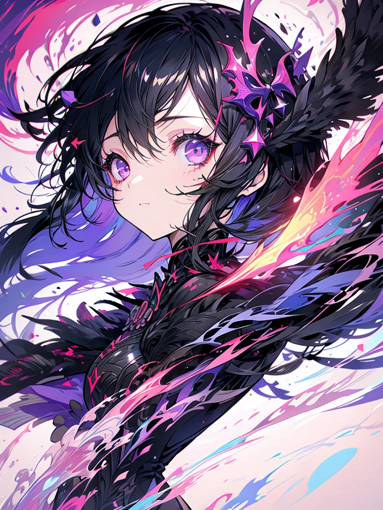 Black hair Fallen angel Red eyes Bow Cute Sky Purple aura Wings Full body Darkness Strong