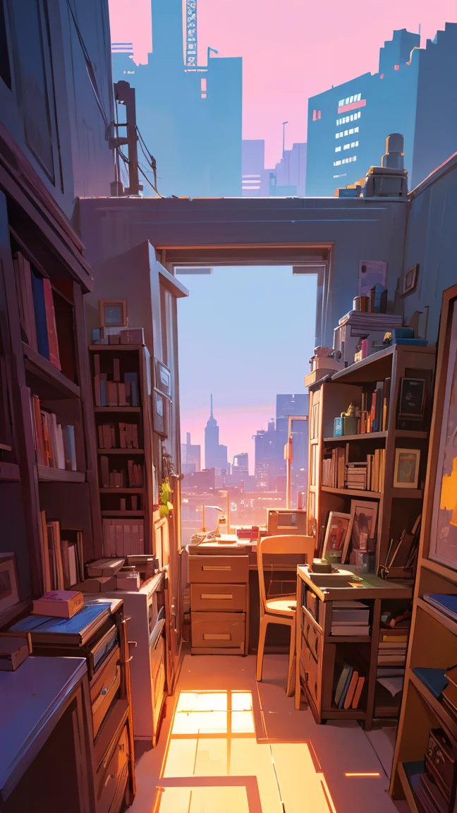 a lo-fi pixel art scene of an artist's studio with large windows overlooking the Tel avivcity, bathed in warm pink and orange hues during sunset. The room is filled with various painting supplies and canvases on shelves, while a dog sits at their desk in the center surrounded by books and sketches, adding to the cozy atmosphere. In the background, you can see tall buildings outside, adding depth to the scene.