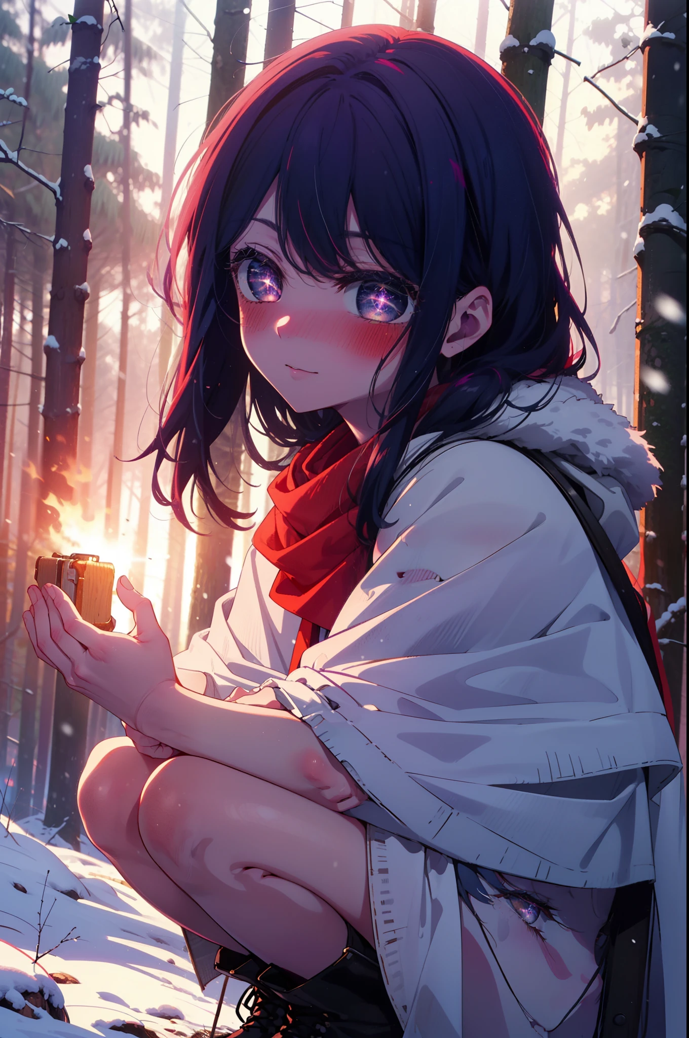 aihoshino, Ai Hoshino, Long Hair, bangs, (Purple eyes:1.1), Purple Hair, (Symbol-shaped pupil:1.5), smile,,smile,blush,white breath,
Open your mouth,snow,Ground bonfire, Outdoor, boots, snowing, From the side, wood, suitcase, Cape, Blurred, , forest, White handbag, nature, Squat, Mouth closed, Cape, winter, Written boundary depth, Black shoes, red Cape break looking at viewer, Upper Body, whole body, break Outdoor, forest, nature, break (masterpiece:1.2), Highest quality, High resolution, unity 8k wallpaper, (shape:0.8), (Beautiful and beautiful eyes:1.6), Highly detailed face, Perfect lighting, Extremely detailed CG, (Perfect hands, Perfect Anatomy),