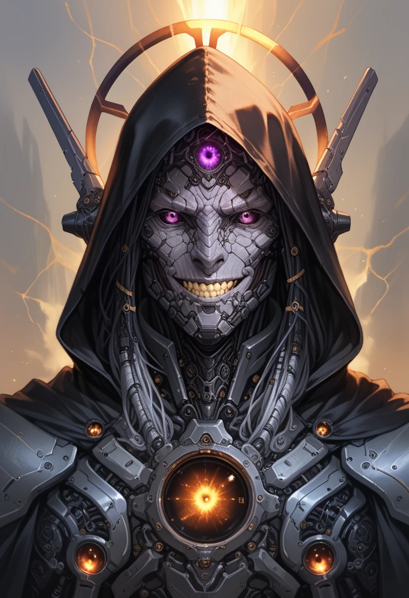 1 male,solo,grey skin, villian,black mechanical armor,full armor,detailed texture,fantasy,smile teeth,pale skin,energy veins on armor,black cloak,black hood, glowing purple eyes,black sclera,detailed,(machina), purple ornament,detailed texture,black colour halo,detailed texture,