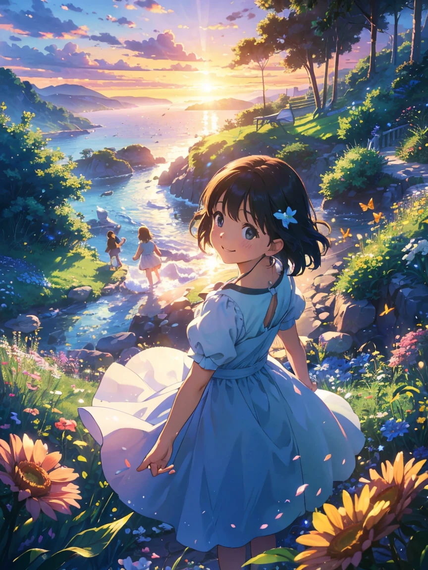 (best quality,4k,8k,highres,masterpiece:1.2),ultra-detailed,(realistic,photorealistic,photo-realistic:1.37),nostalgic,ethereal,vibrant colors,soft lighting,gentle breeze,the sun shining,playful laughter,innocent smiles,blissful days,warm summer,green meadows,sparkling sea,happy home,peaceful neighborhood,joyful adventures,childhood companions,rolling hills,bright sky,flowing rivers,long walks in nature,dancing butterflies,distant music,picnics under the shade,gardens filled with flowers,scent of fresh air,exploring nooks and crannies,building sandcastles on the beach,endless horizons,majestic views,brilliant sunsets,endless possibilities,unfolding dreams,whispering wind,old photographs,treasured moments,magical sunrises,love-filled family,innocence encapsulated,heartwarming memories,dreamy nostalgia,enchanted landscape