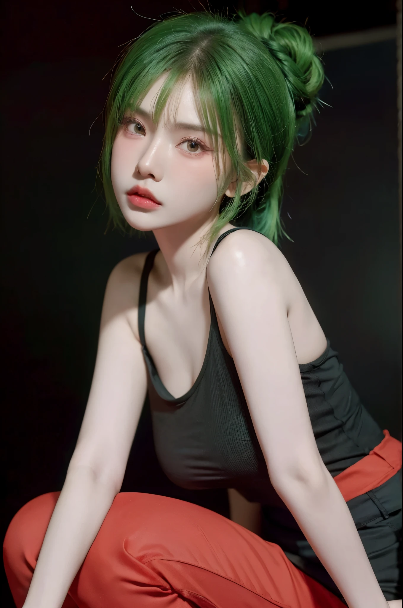 HDR, UHD,8K, face High Quality, nokiapretty, Shirt red color T-shirt, short pant, (((black background 8k))), Braided bun hait, greenhair,