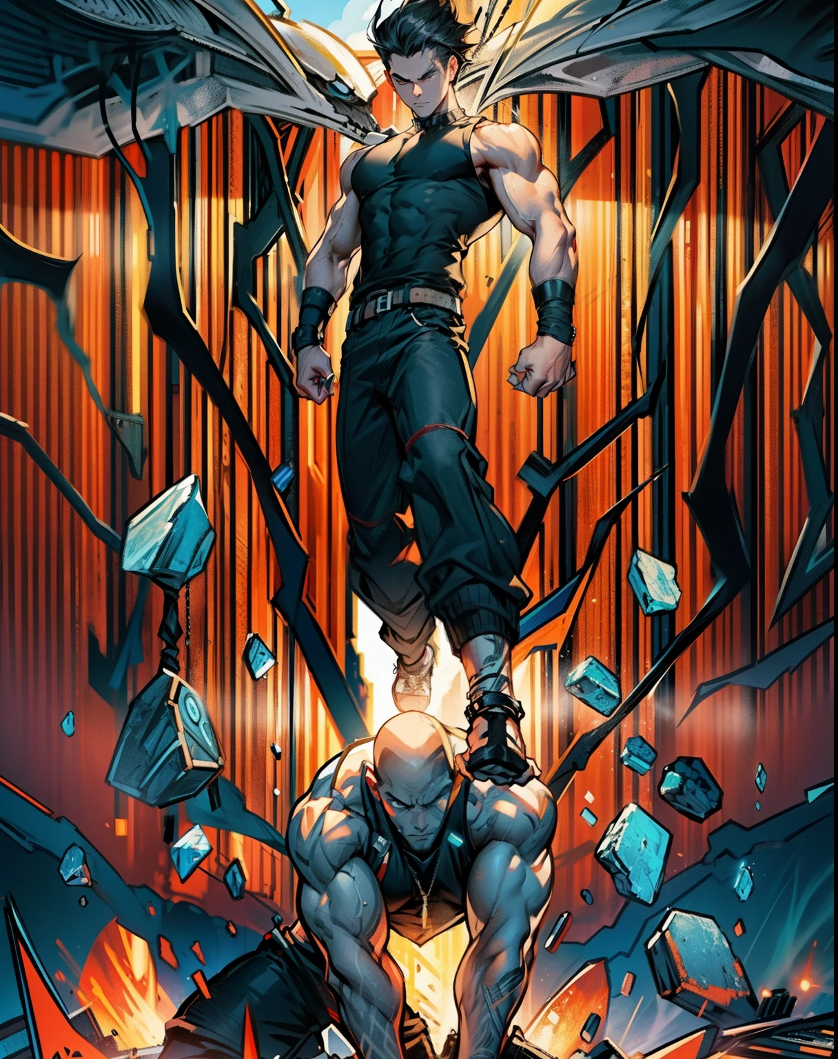 boys 26 Years old, Serious face, wearing black sleeveless shirt, black pants, black hair, levitate on sky, blue sky, cloud