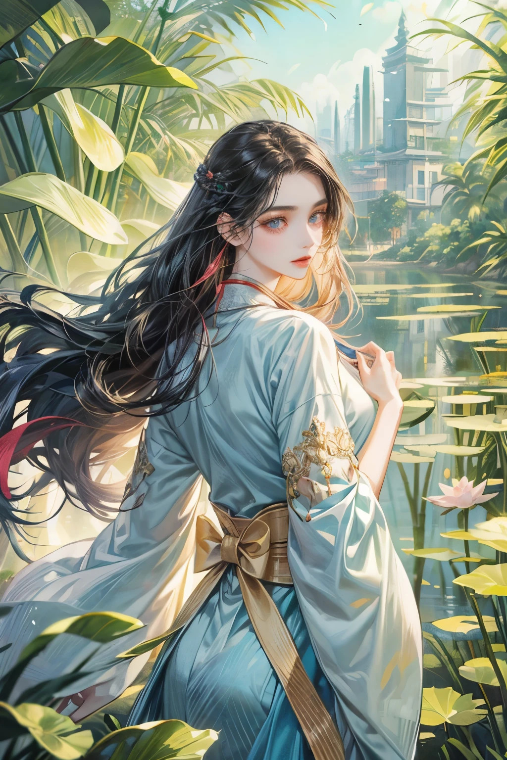 atereal beautiful twin, Twin young man and woman in colorful Hanfu dressed, black long hair, same high, similar looking faces, fighting againt giant snake, background is lotus pond, wind that blowing hair and cloths floating in the air, light shine from behind, bamboo leaves, colorful shade, Masterpiece, hi-quality, soft light
