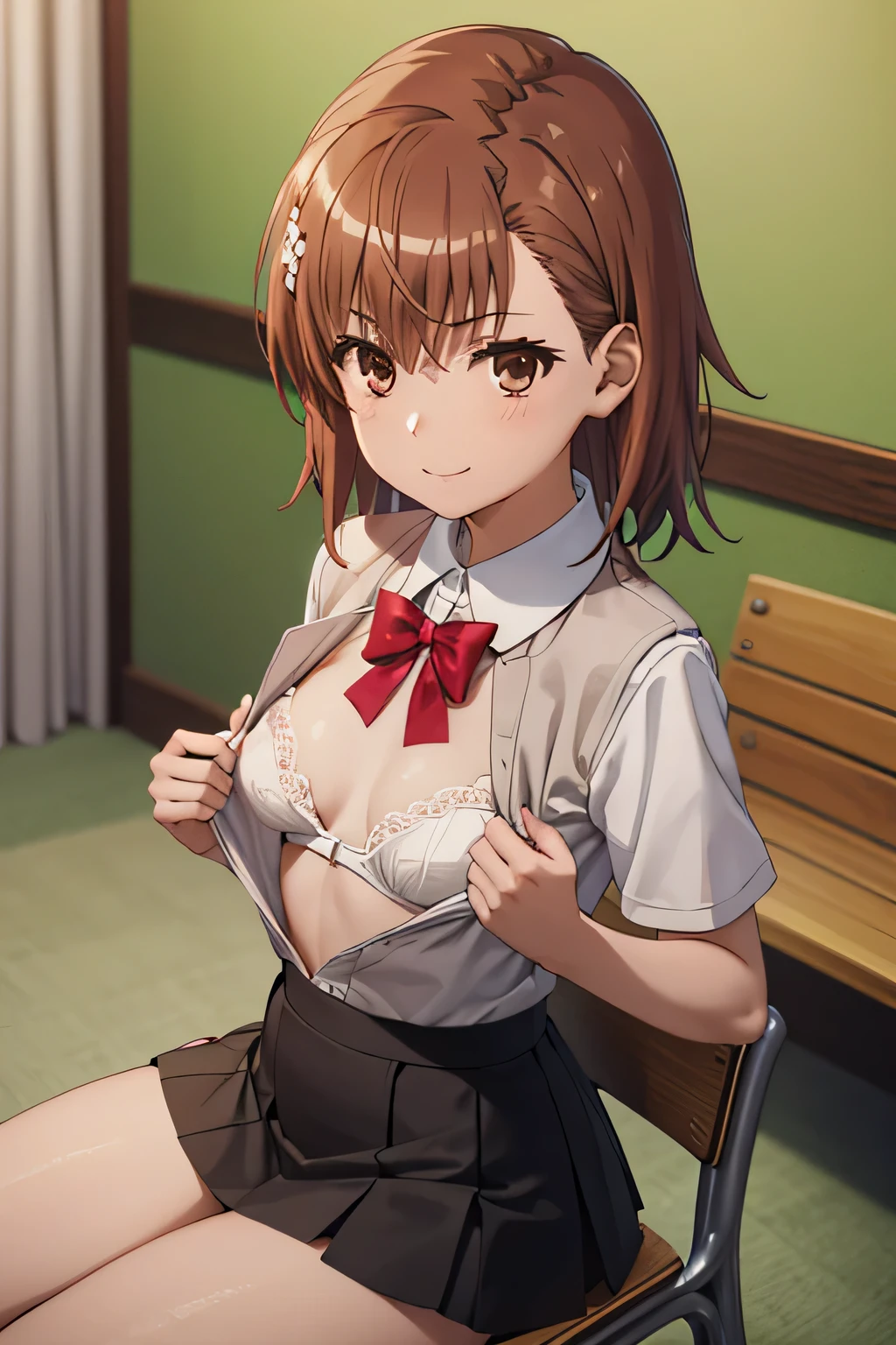 (((pixel perfect, detail perfect))), alone, 1 girl, Misaka Mikoto, tokiwadai , bow, looking at the viewer, closed mouth, Upper body、Breast Exposure、Nipple exposure,tokiwadai_school_uniform、Breast、mini skirt、black mini skirt、Knee-high socks、Sit on a bench,open clothes，small white lace bra:1.5，small white lace panties:1.5，Fancy makeup with red eyeshadow，Brown short cut with side waves，sitting on a chair in a hospital examination room、smile,