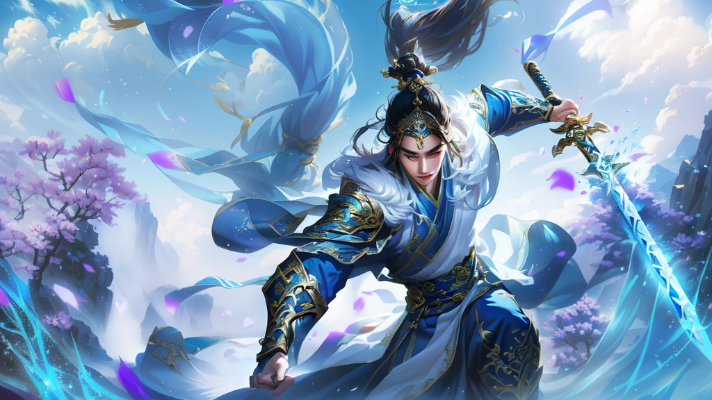Alafd image,A person wearing blue clothing、man holding sword,Change posture heise jinyao, zhao yun, xianxia hero, Inspired by Huang Shen, author:Yang J, G Liulian art style, Inspired by Li Kan, inspired by Guan Daosheng, Inspired by Shen Zhou, Yang Qi, Ruan Jia and Artgerm