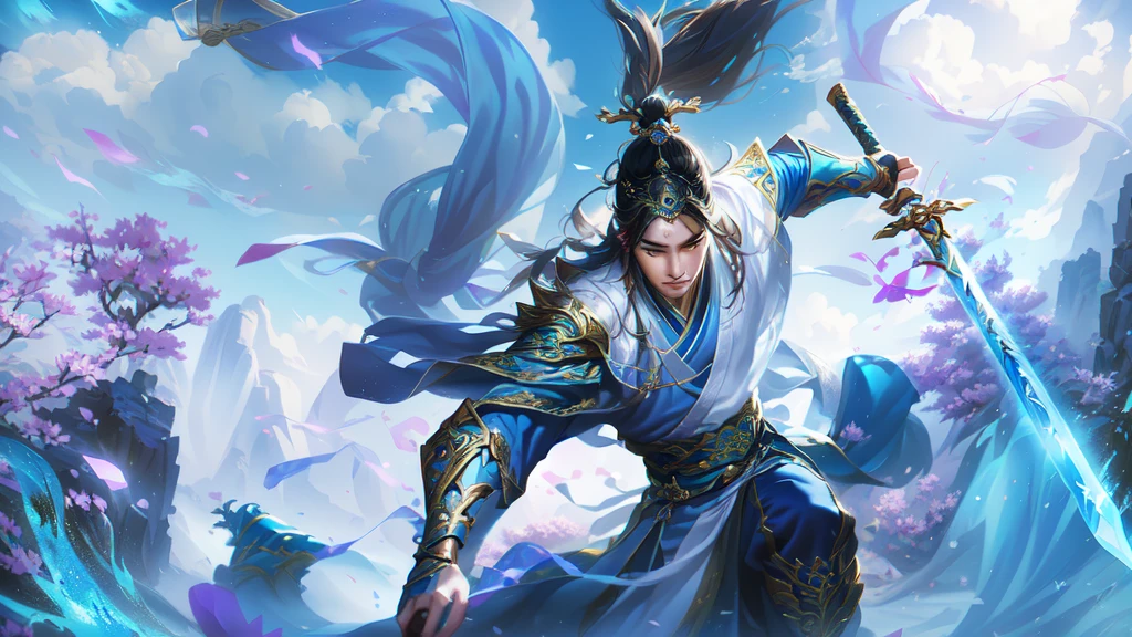 Alafd image，A person wearing blue clothing、man holding sword,Change posture heise jinyao, zhao yun, xianxia hero, Inspired by Huang Shen, author：Yang J, G Liulian art style, Inspired by Li Kan, inspired by Guan Daosheng, Inspired by Shen Zhou, Yang Qi, Ruan Jia and Artgerm