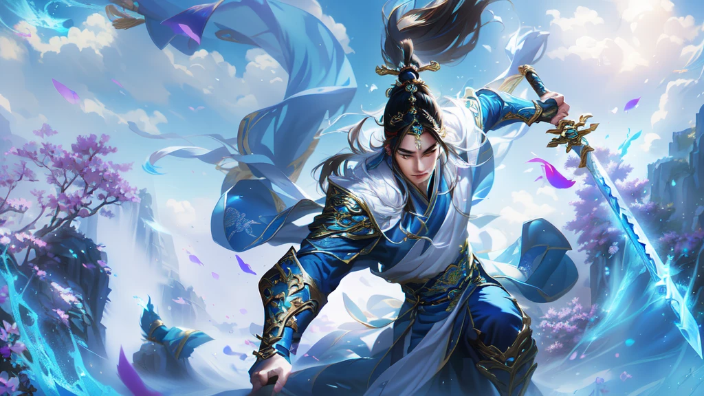 Alafd image,A person wearing blue clothing、man holding sword,Change posture heise jinyao, zhao yun, xianxia hero, Inspired by Huang Shen, author:Yang J, G Liulian art style, Inspired by Li Kan, inspired by Guan Daosheng, Inspired by Shen Zhou, Yang Qi, Ruan Jia and Artgerm