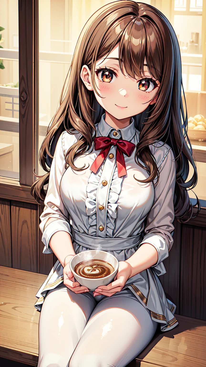 master piece , best quality , ultra detailed , woman , smile , shiny hair , beautiful eyes , kawaii , cute ,Gyaru with layered medium hair, hazelnut brown, soft waves, elegant vibe, relaxed expression, café background