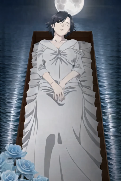 (1 Japanese woman), in her 40s with short hair, (The boat on the Sanzu River), (The woman is on the boat), (The boat is moving towards the full moon), 
(The woman is wearing white clothing), ((Many blue flowers are in the boat)), (The night of the full moon), (Animation), (Funeral), 
((The woman is lying on the boat with a peaceful expression)), (The woman is unconscious with closed mouth and eyes), ((The woman is lying on her back)),