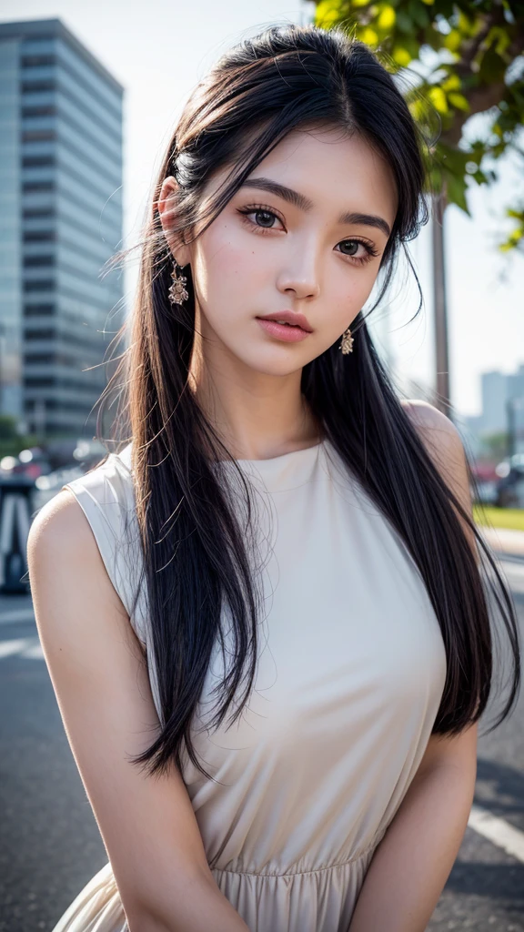 masterpiece, Highest quality, Very detailed, One girl,20 year old girl,Beautiful attention to detail, Clear Eyes,Almond Eye,Parallel eyebrows,Straight nose,Beautiful Face,Beautiful double eyelids,Delicate eyelashes,View your viewers,A beautifully detailed face,Neat and beautiful,Pale skin,Clear skin,Clean and fresh,Close-up of face,High resolution, Gaze, Black Hair, Shortcuts,short hair,High-resolution model, High detail, Ultra high definition, Detailed Background,fresh,City Date,The wind is blowing,Hair swaying