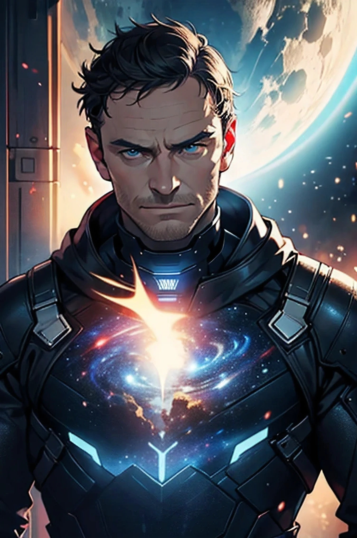 A person identical to Michael Fassbender and his skin is from a galaxy 