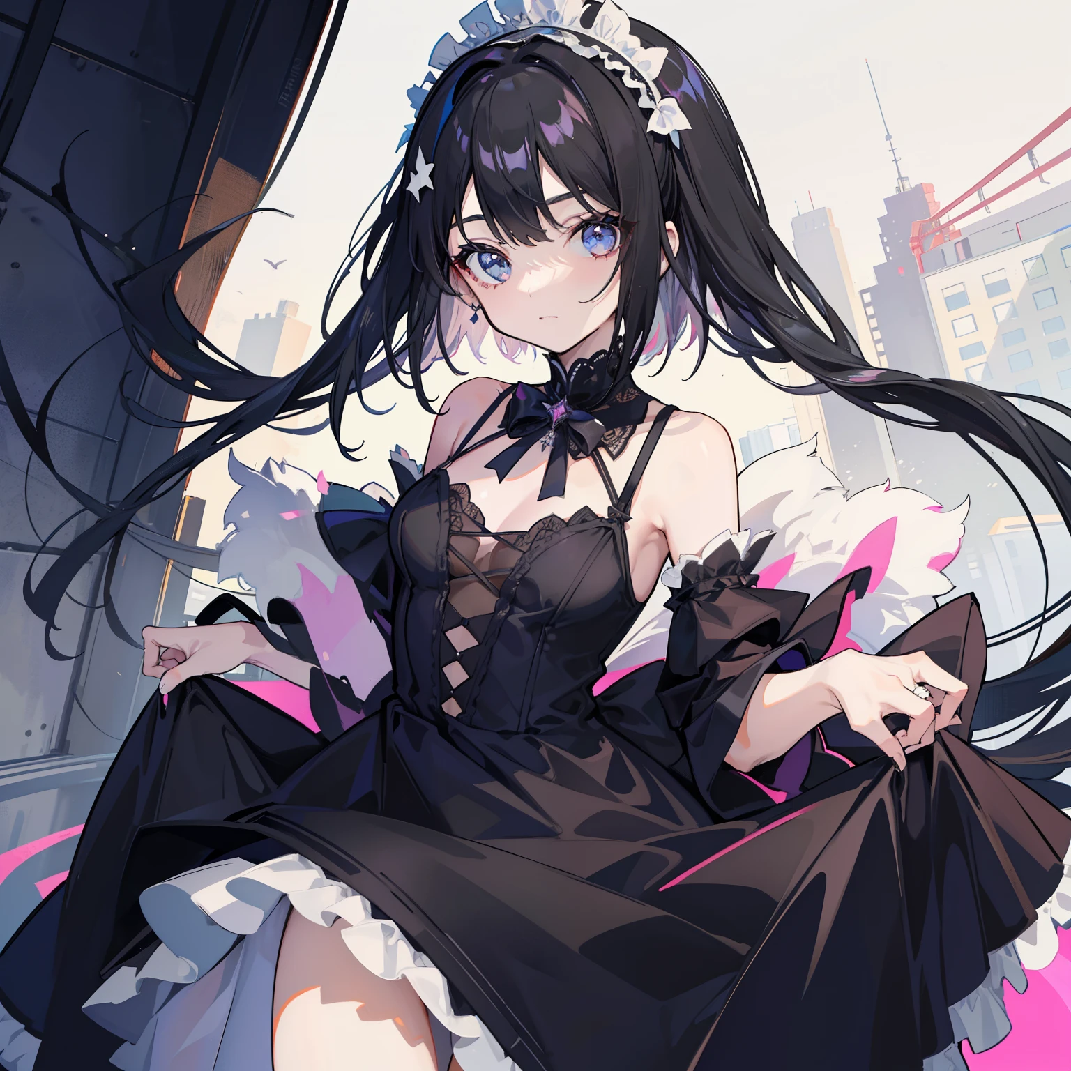 Young woman, black hair, dress, белое dress, dress с розовыми элементами, black bows, laces.