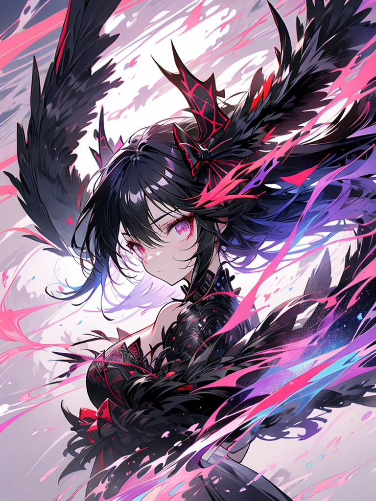 Black hair Fallen angel Red eyes Bow Cute Sky Purple aura Wings Full body Darkness Strong Naked Red light