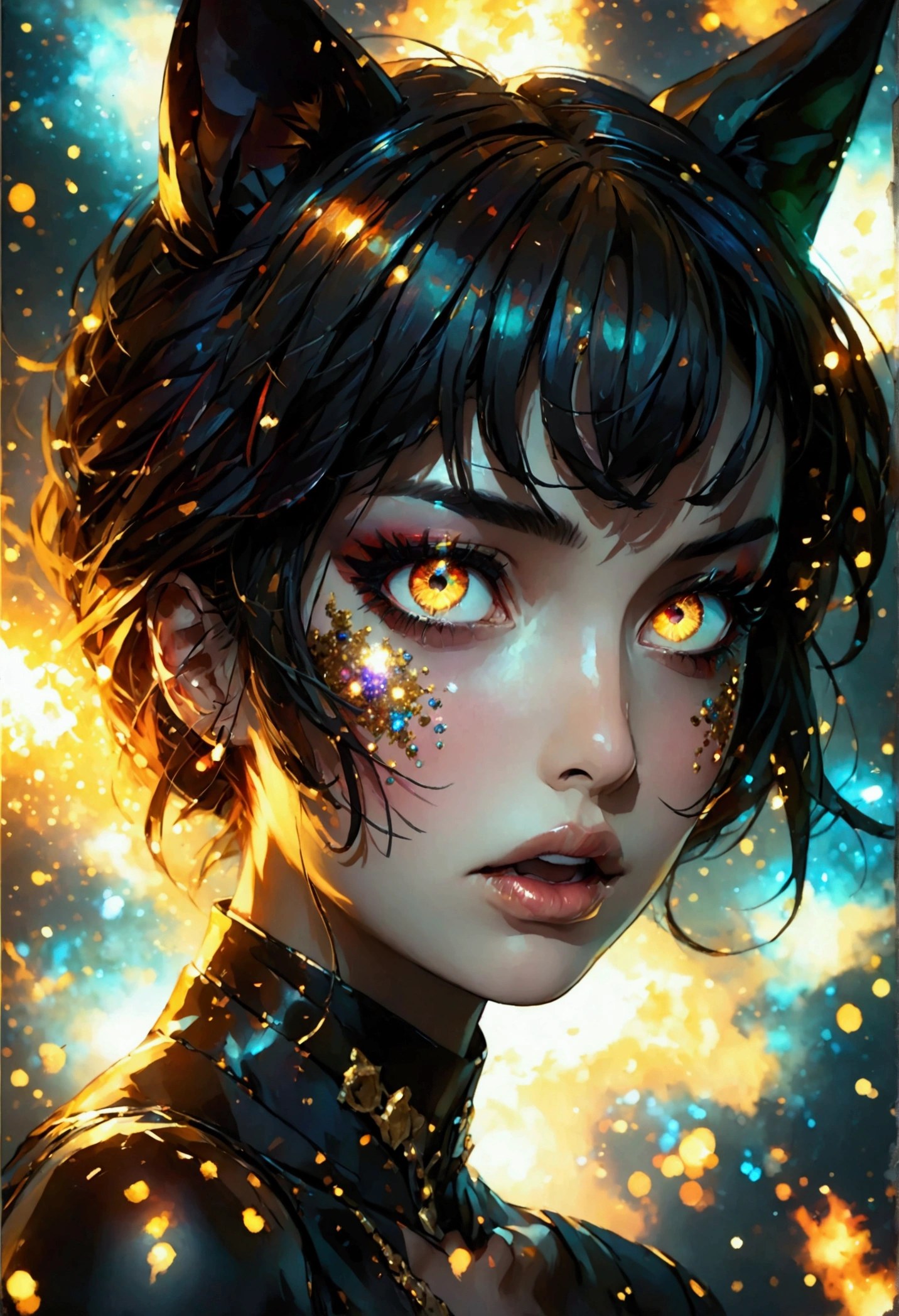 only face portrait, macro, a vampire girl next to a black bat portrait, jaw open roaring, red skin with light and glitter, short fire hair with red skulls on hair, snake lightening eyes with one eye closed, cosmos eyes, next to a black spider, highly detailed fur (vectorized) yellow lightening eyes, detailed skin, image is compelling with dynamic composition and dark posing. Include many fantasy details such as bumps, phantasmal iridescence, glitter, galaxy, cosmos, fire, ((dark celestial , void cosmic body)), (((dark background))), (((lights off))), (((hollywood dark))), horror, dramatic shadows, (in a dark fantasy space:1.3, glitter, sparkle, gleam) vector digital illustration, ()sharp