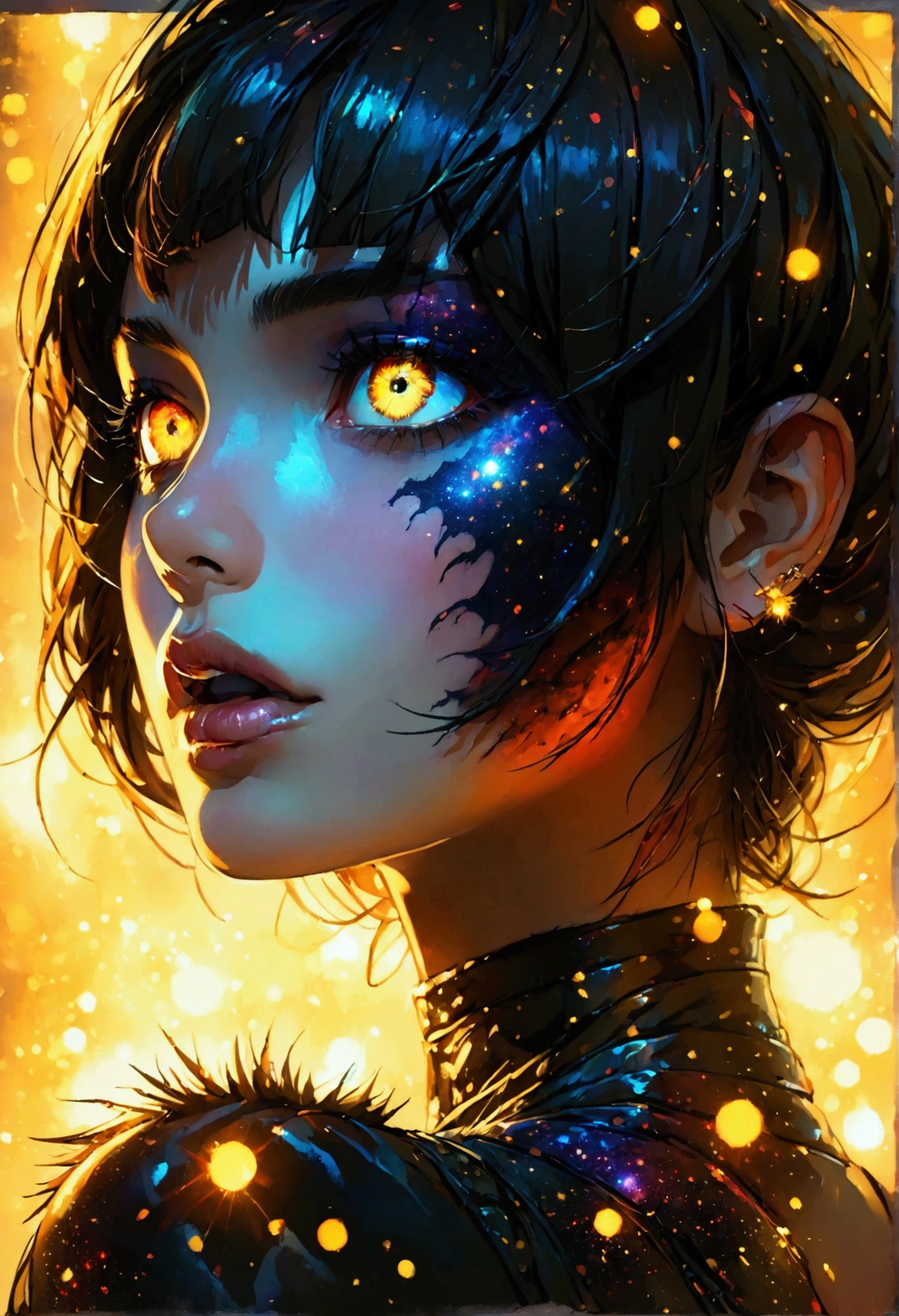 only face portrait, macro, a vampire girl next to a black bat portrait, jaw open roaring, red skin with light and glitter, short fire hair with red skulls on hair, snake lightening eyes with one eye closed, cosmos eyes, next to a black spider, highly detailed fur (vectorized) yellow lightening eyes, detailed skin, image is compelling with dynamic composition and dark posing. Include many fantasy details such as bumps, phantasmal iridescence, glitter, galaxy, cosmos, fire, ((dark celestial , void cosmic body)), (((dark background))), (((lights off))), (((hollywood dark))), horror, dramatic shadows, (in a dark fantasy space:1.3, glitter, sparkle, gleam) vector digital illustration, ()sharp