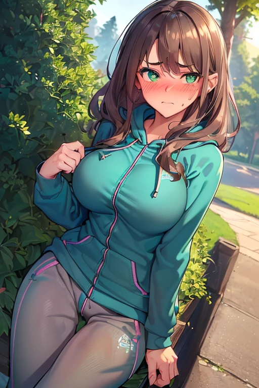(((medium-large breasts))), ((best quality)), ((masterpiece)), (detailed), (((perfect face))), (((slender 16 year old teen girl wearing teal zip hoodie))), (((gray sweatpants))), ((brunette, dark brown hair)), ((wavy hair)), (((beautiful green eyes))), ((shy:1.3)), ((blushing:1.6)), ((sexy thighs)), ((sexy legs)), (((outside next to a tree))),