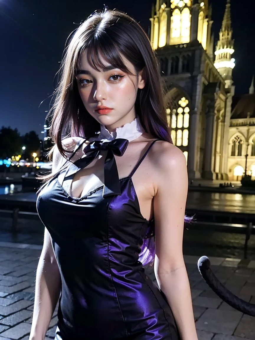 (1 lady), (Best quality at best:1.4), (ultra - detailed), (extremely detailed CG unified 16k), A Beautiful Woman with Perfect Figure: 1.4, Sharp Focus: 1.2, very detailed, High-definition RAW color photo, professional photoshooting, NOT Sasha Grey, amazing face and eyes, cosmetics, (amazingly beautiful girl), ((frederica bernkastel)), ((purple bow, dress, frills, white kneehighs, kneehighs bow, mary janes, cat tail, tail ornament)), (Dark and stylish huge gothic cathedral from outside, city lights at night, city lights:1.3), (look from down), realistic cinematic face, photo portrait, shoulders to head view, photorealistic, ((realistic natural purple hair style, purple eyes, long hair, purple hair)), gorgeous, extremely beautiful face, perfect model beauty, pout mouth, Highly Detailed Face and Skin Texture, Detailed Eyes, Double Eyelids, Natural Medium Breasts, Smile, cleavages, western, (masterpiece), best quality, high resolution, extremely detailed, blurred background, depth of field, cinematic lighting, clear and well-cared skin,