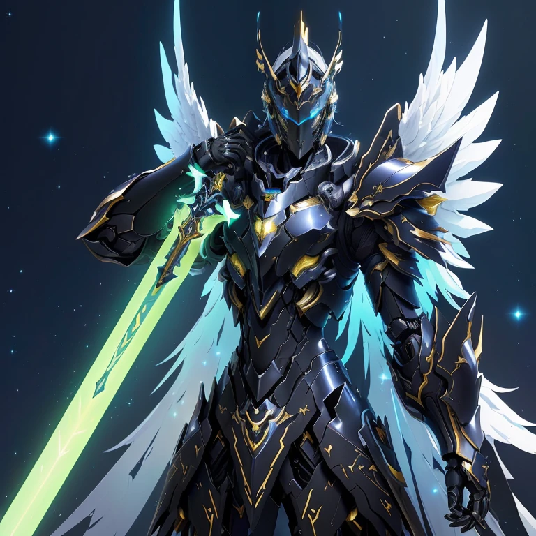 Anime character with wings and a sword in space environment, Highly detailed official artwork, Mecha wings, wing armor angle, Wearing light armor, Detailed key animation art, Complex luminous mech, Wearing ethereal armor, 黃金Holy Knight, Holy Knight, Mecha style greek god, Angel in plastic armor, Official splash art