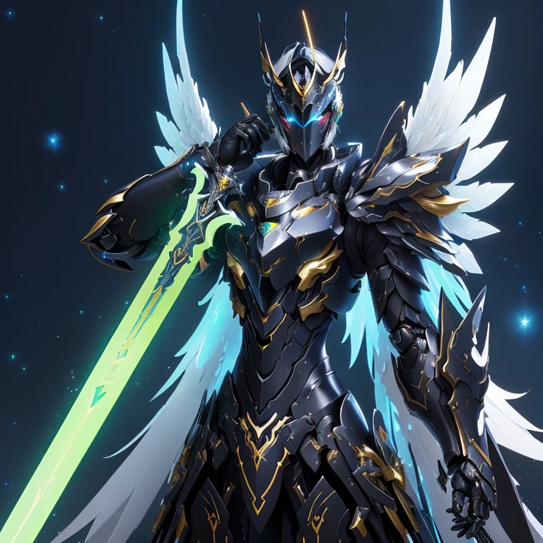 Anime character with wings and a sword in space environment, Highly detailed official artwork, Mecha wings, wing armor angle, Wearing light armor, Detailed key animation art, Complex luminous mech, Wearing ethereal armor, 黃金Holy Knight, Holy Knight, Mecha style greek god, Angel in plastic armor, Official splash art