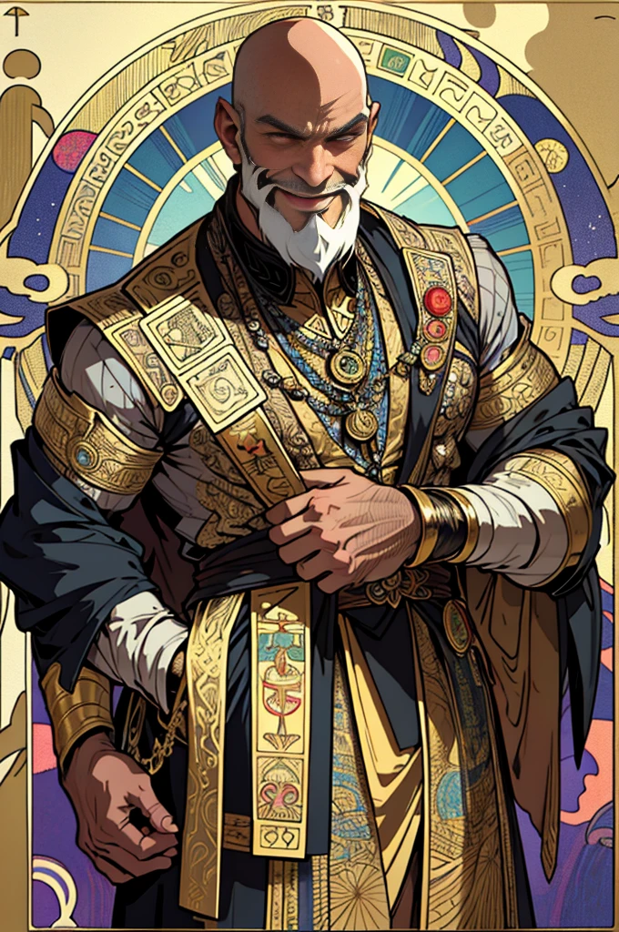 Masterpiece, Superior Quality, a mid age man,bald head chunky scruffy beard, crazy smiling, mischievous, carnival lighting, Tarot, Symbolism, Visual Arts, Occult, Universal, Vision Casting, Philosophy, Iconography, Numerology, Popularity, Arts, Alphonse Mucha