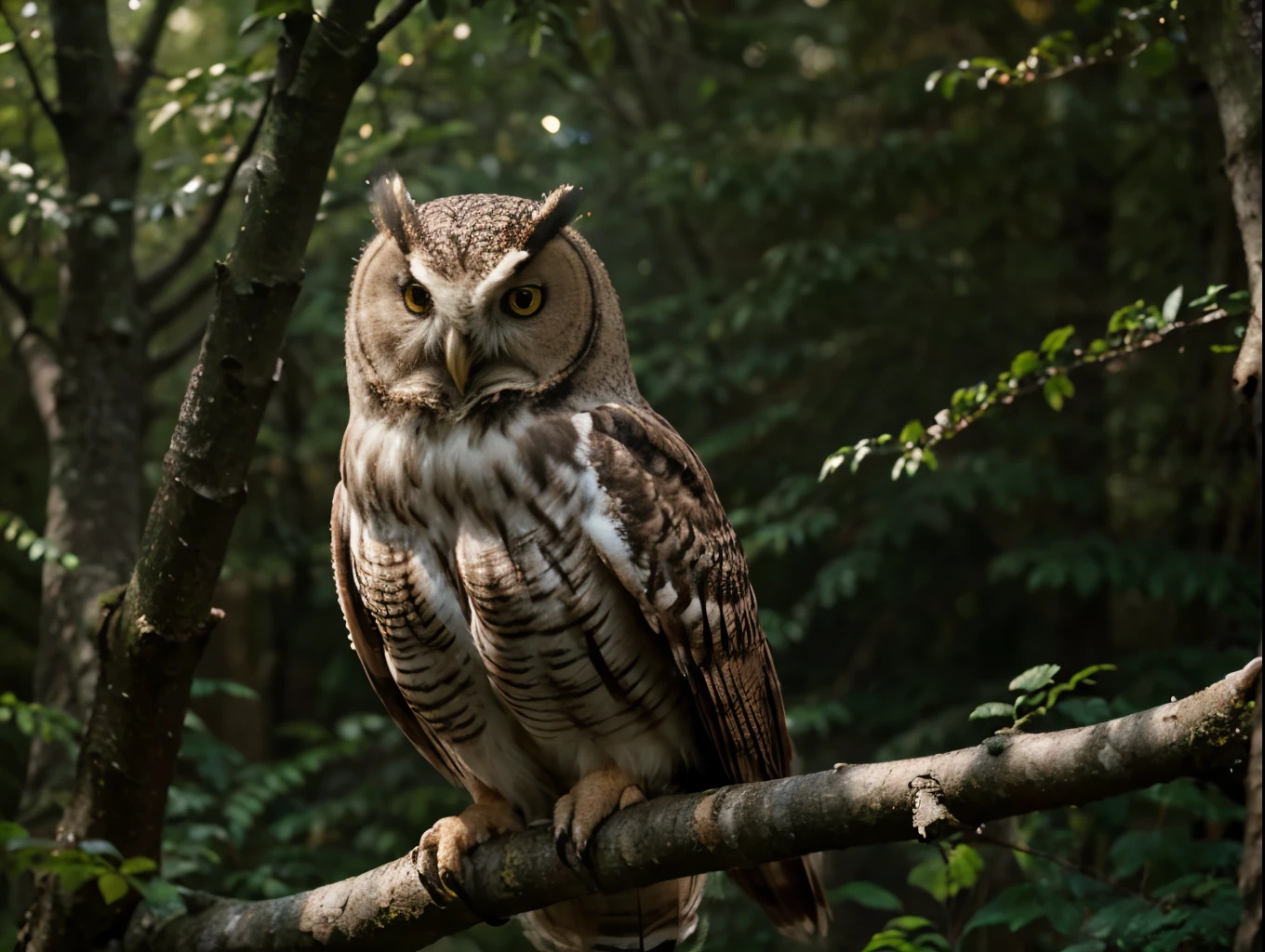 a majestic owl perched on a branch, photorealistic, 8k, hyper detailed, intricate feathers, piercing eyes, natural lighting, serene forest background, dramatic shadows, muted color palette, cinematic composition