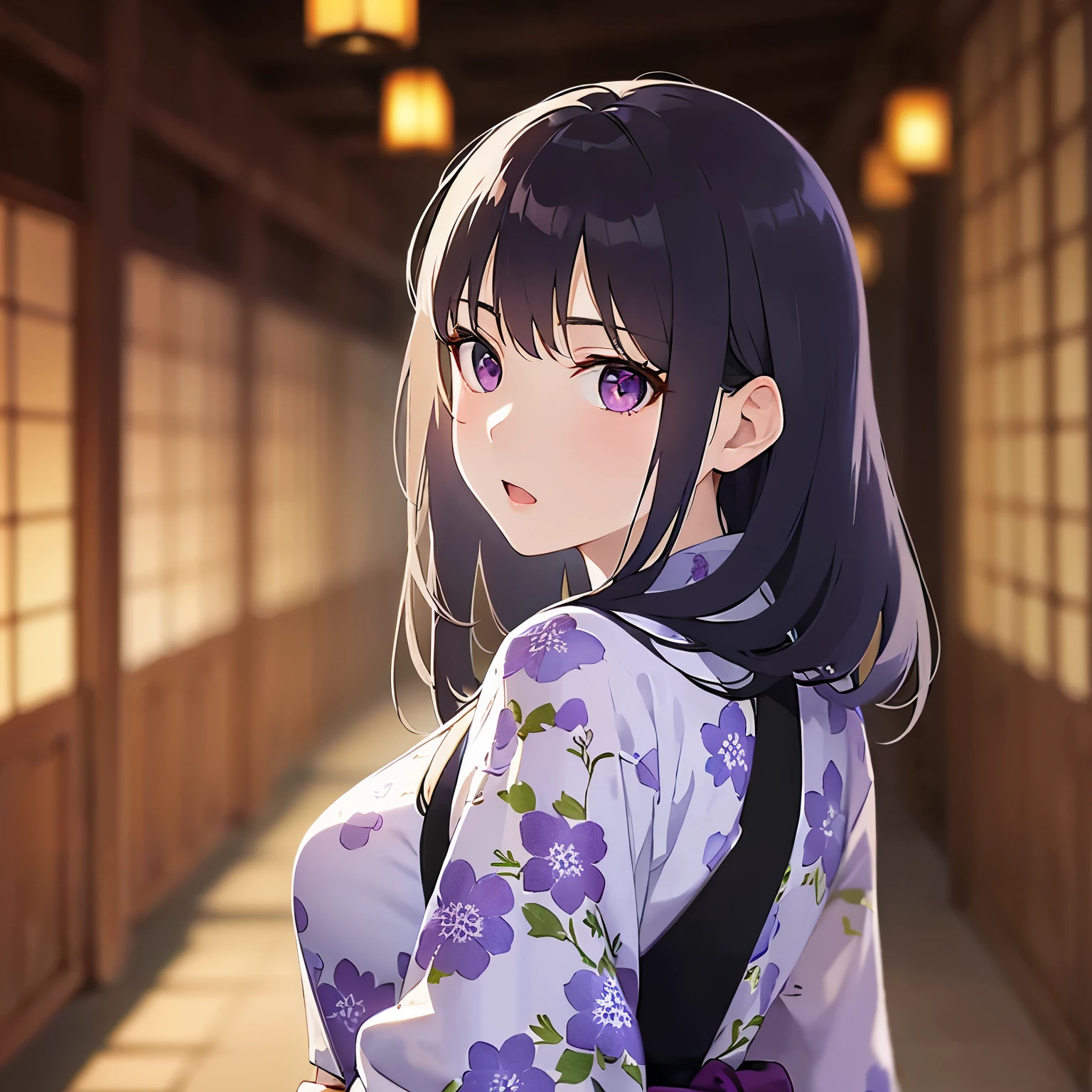 Upper Body,(looking back:1.5)、Arms crossed、
Realistic, real person, (pale skin: 1.2), RAW photo, photorealistic, shiny skin, shiny hair、
(A 25-year-old woman with straight hair and bangs) and (medium hair) and (black hair) and (purple eyes) ,
(purple) and (yukata),blush、open mouth,frown,The background is a Japanese-style corridor at night