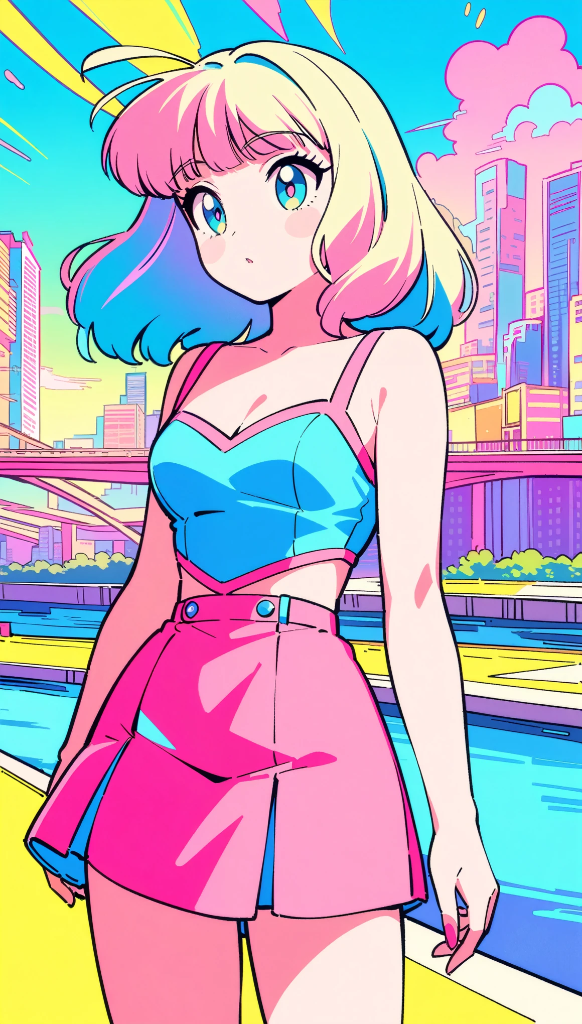 masterpiece, Highest quality, Beautiful attention to detail, Very detailed, In detail, High resolution, Perfect Anatomy, colorful, pastel colour, One Girl, alone, (City pop illustrations), (City Pop Art), Simple Background, Retro Style, (Vaporwave City Pop), (1980s City Pop), (City Pop Anime), (river, bridge), Retro Style, 1980s Fashion, Cowboy Shot,