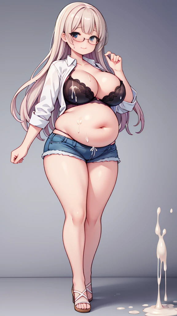 (masterpiece, best quality, highly detailed), 1girls, big belly, huge belly, art by kipteitei, round belly, chubby, curvy, belly grab, enormous belly, fat belly, thicc, bigger belly, really big belly, jiggly belly, shirt covering belly, belly cover by shirt, glasses, no shirt, bra, thight shorts, ((full body)), long hair, smug face, (((cum on belly)))