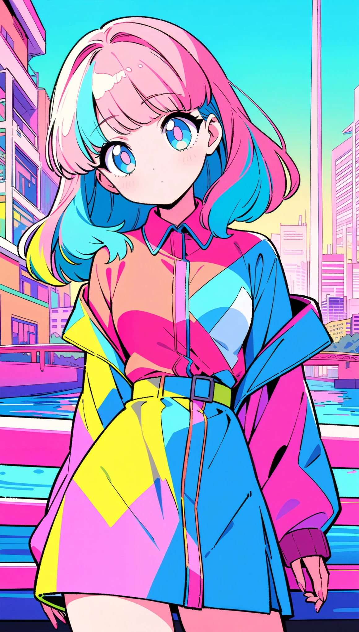 masterpiece, Highest quality, Beautiful attention to detail, Very detailed, In detail, High resolution, Perfect Anatomy, colorful, pastel colour, One Girl, alone, (City pop illustrations), (City Pop Art), Simple Background, Retro Style, (Vaporwave City Pop), (1980s City Pop), (City Pop Anime), (river, bridge), Retro Style, 1980s Fashion, Cowboy Shot,