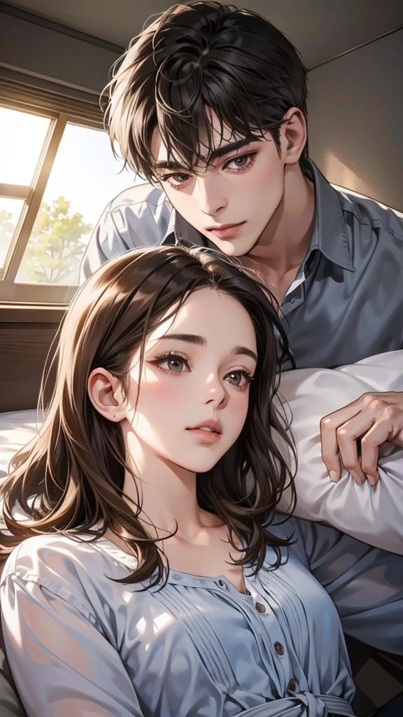 (masutepiece, Digital Art, Digital Illustration, 4K, 8K, Ultra-detailed, beautiful image, Sharp Image, Photorealistic, Raw photo, Perfect face, Perfect lines, Perfect eyes, Soft lighting) , a couple, 1 girl 1 boy, Hair color is different, Medium brown hair and brown eyes, Short black hair and gray eyes, Romance, Lie on the ground, Lip touch