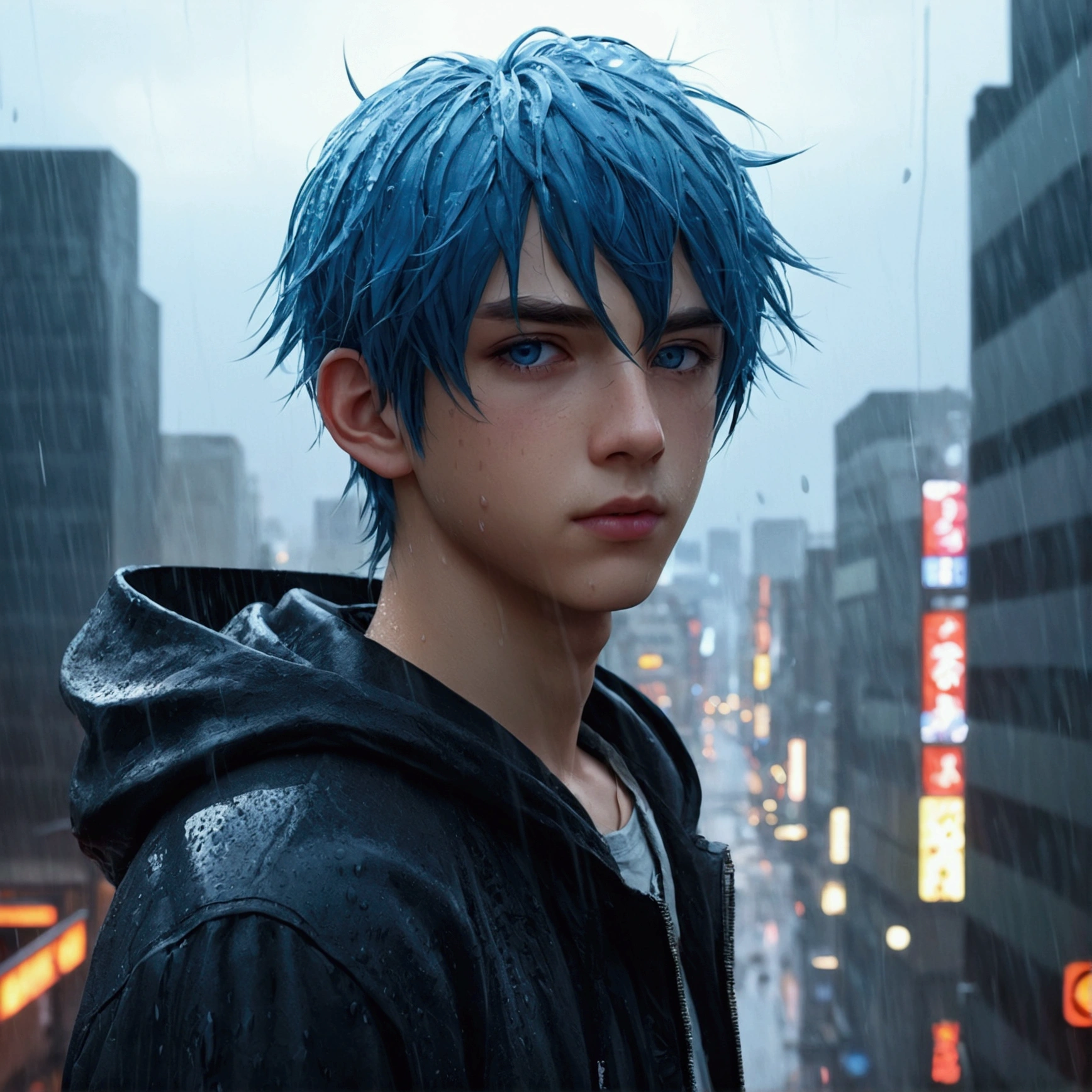 Anime boy in the rain, 1male people, Wide blue hair, blue eyes,4k anime wallpapers, There are no boys after the rain, Anime Boy Profile, manga wallpaper 4k, Anime wallpaper 4K, 4k anime wallpapers, Artwork in the style of Guweiz, Badass anime 8K, Anime art wallpaper 4k, Anime art wallpaper 4k, rainy evening, Anime art wallpaper 8k, Very detailed background on city rooftops, platforms, with city view, Detal Face, Detailed complex occupancy background, disorderly, splendid, milkyW, highly detailedskin, Realistic details of skin, pores visible, Clear focus, volume fog, 8K  UHD, Digital SLR, high high quality, filmgrain, with fair skin, Foto realism, DL, futuristic dystopian megalopolis, Translucent